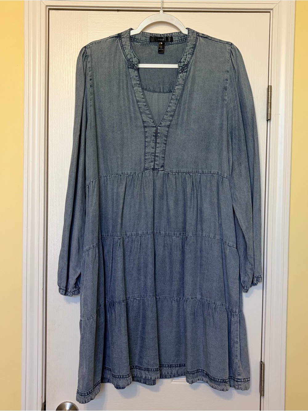 Light Blue Tencel Tiered V-Neck Women's Dress. Pockets. Comfy! Light-weight.